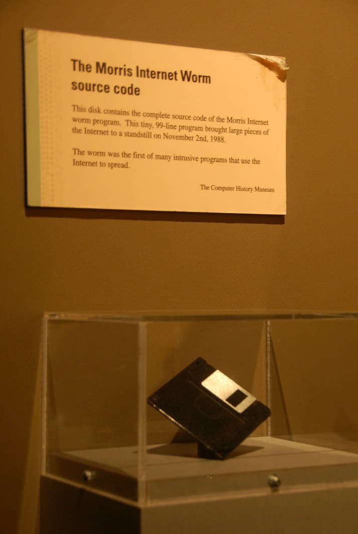 Visitors at the Computer History Museum in Mountain View, California, can see a floppy disc containing the Morris Worm, the oldest internet worm in history. 
